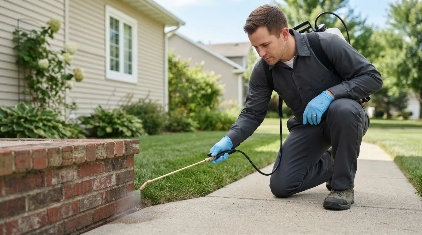 Pest control technician treating a home near Mutual, OK