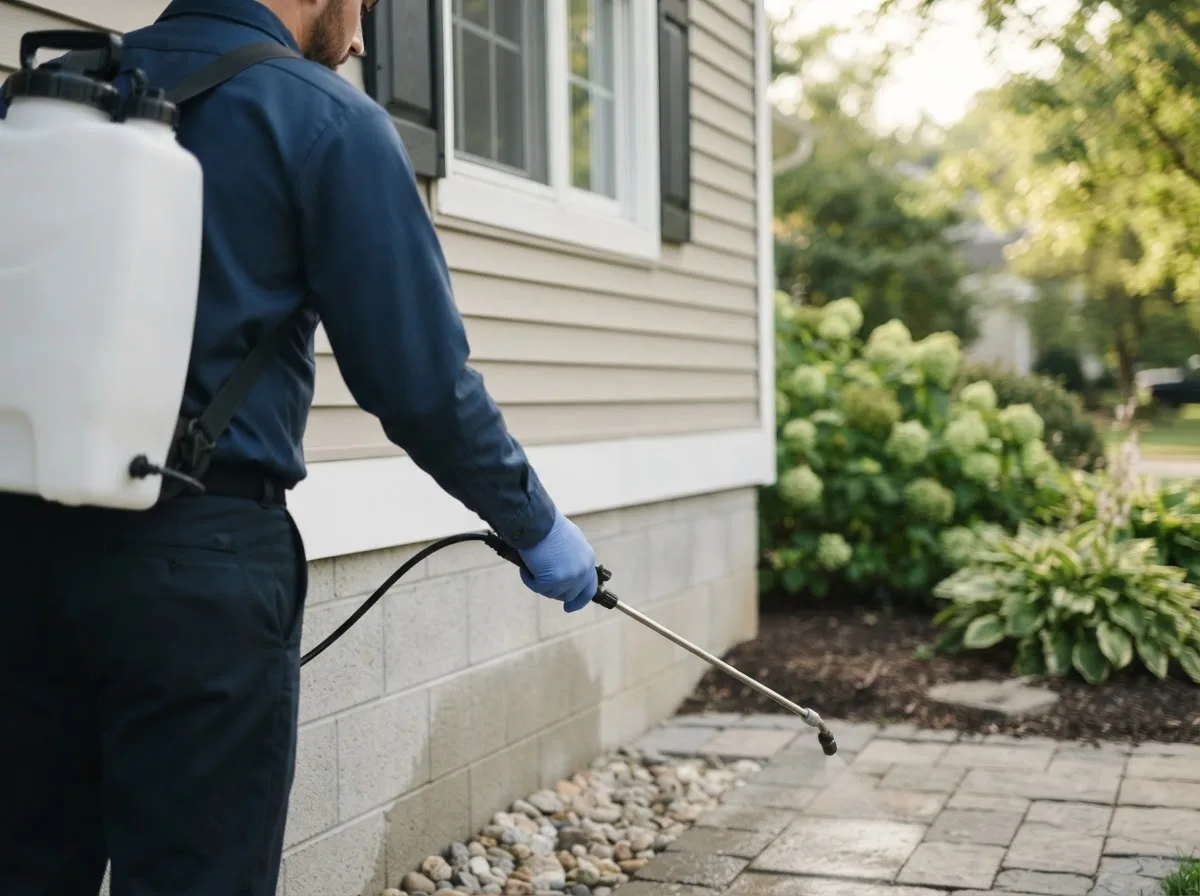 Pest control technician inspecting a home in Mutual, OK